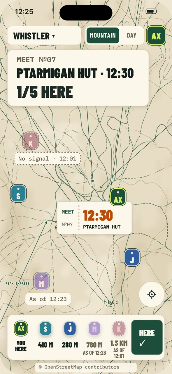 Huddle map screen (Whistler): meet point Ptarmigan Hut at 12:30, 1/5 HERE. You are at the meet point; S, J, M and K are on the way.